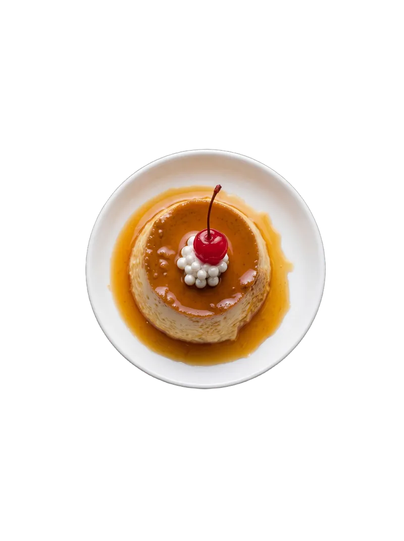 Classic French caramel custard (crème caramel) with cherry on top