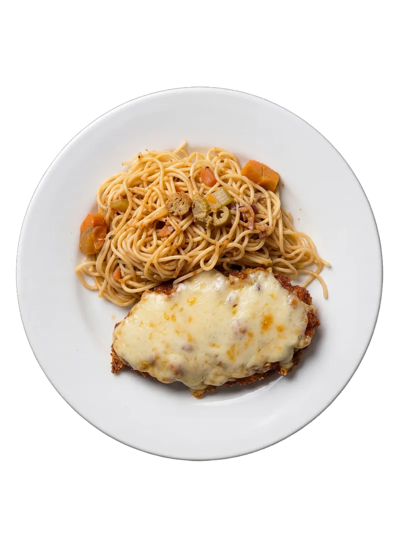 Chicken parmigiana with melted mozzarella served with spaghetti on a white plate