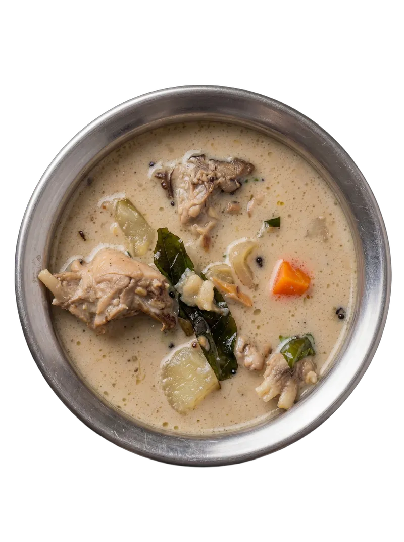 Chicken stew in a creamy coconut-based broth with vegetables on a white plate