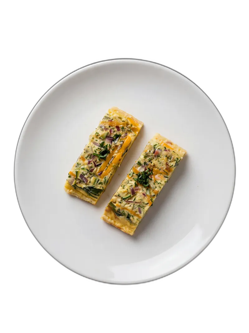 Rolled herb frittata slices arranged on a white plate with fresh herbs