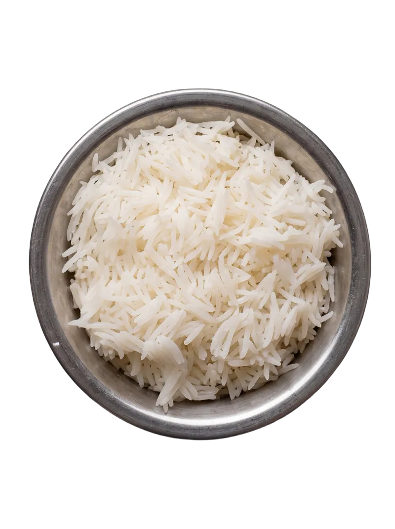 Steamed white basmati rice in a steel bowl