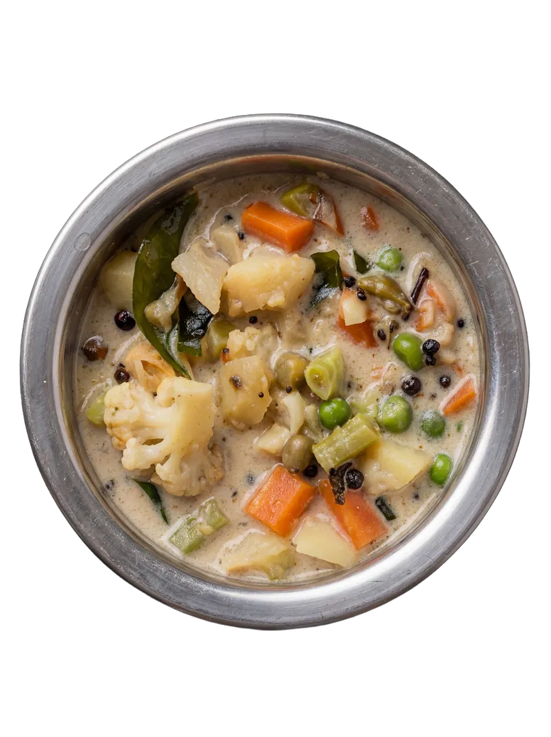 Vegetable korma in a creamy white coconut-cashew gravy with mixed vegetables